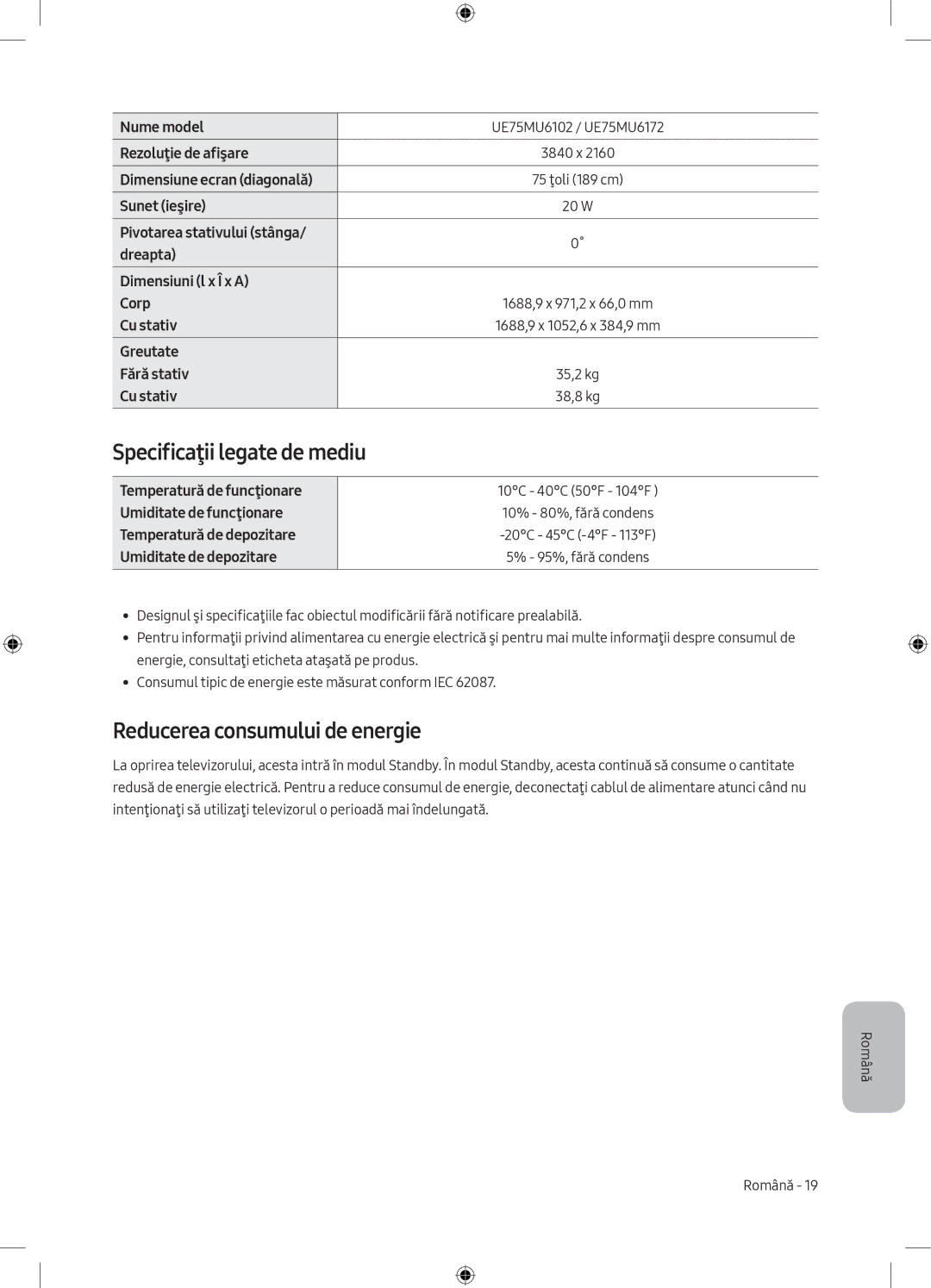 Samsung UE49MU6172UXXH, UE40MU6102KXXH, UE50MU6172UXXH manual Specificaţii legate de mediu, Reducerea consumului de energie 