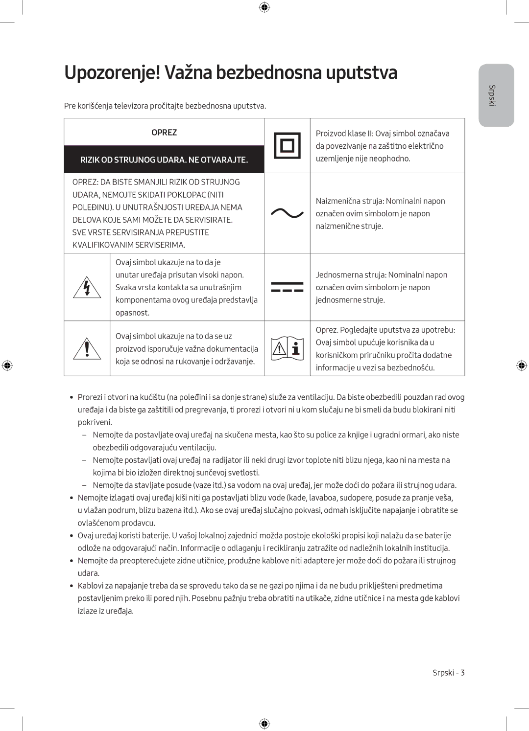 Samsung UE50MU6172UXXH, UE40MU6102KXXH manual Upozorenje! Važna bezbednosna uputstva, Rizik OD Strujnog UDARA. NE Otvarajte 