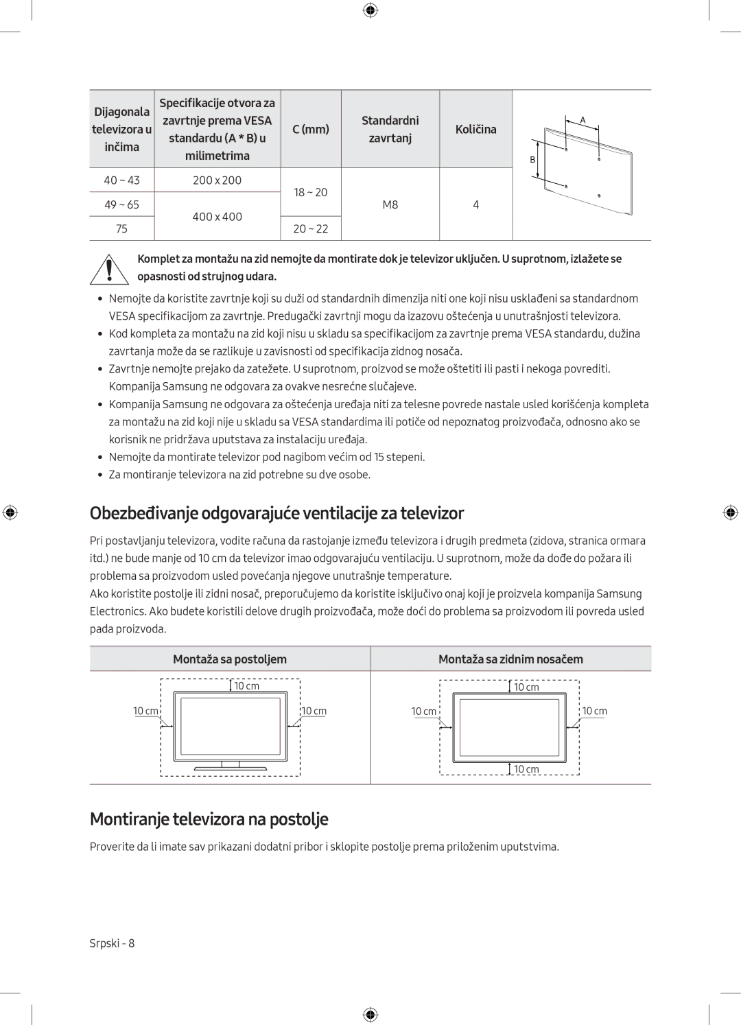 Samsung UE43MU6102KXXH Obezbeđivanje odgovarajuće ventilacije za televizor, Montiranje televizora na postolje, Dijagonala 