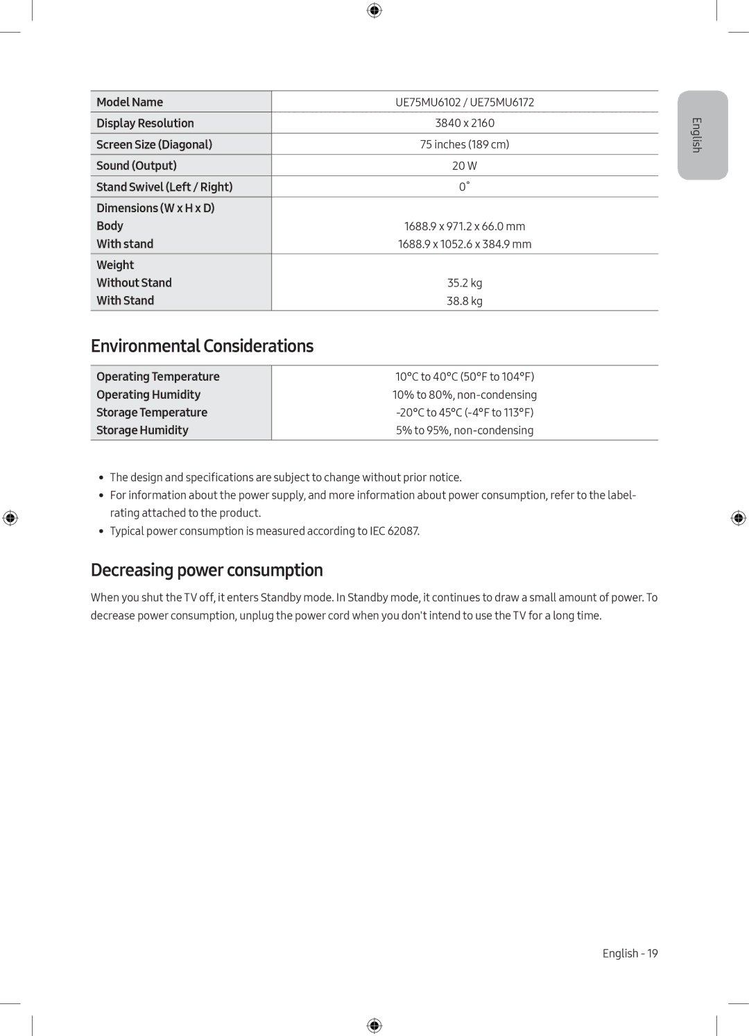 Samsung UE49MU6102KXXH, UE40MU6102KXXH, UE50MU6172UXXH manual Environmental Considerations, Decreasing power consumption 