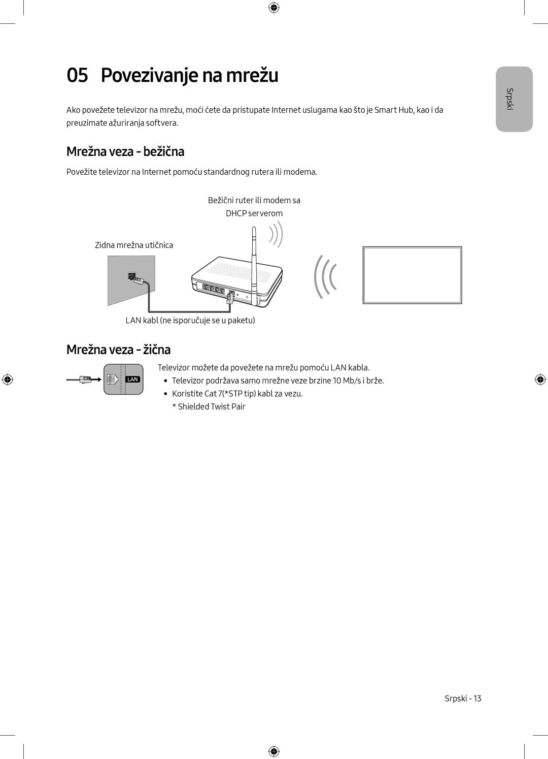 Samsung UE49MU6172UXXH, UE40MU6102KXXH, UE50MU6172UXXH manual Povezivanje na mrežu, Mrežna veza bežična, Mrežna veza žična 