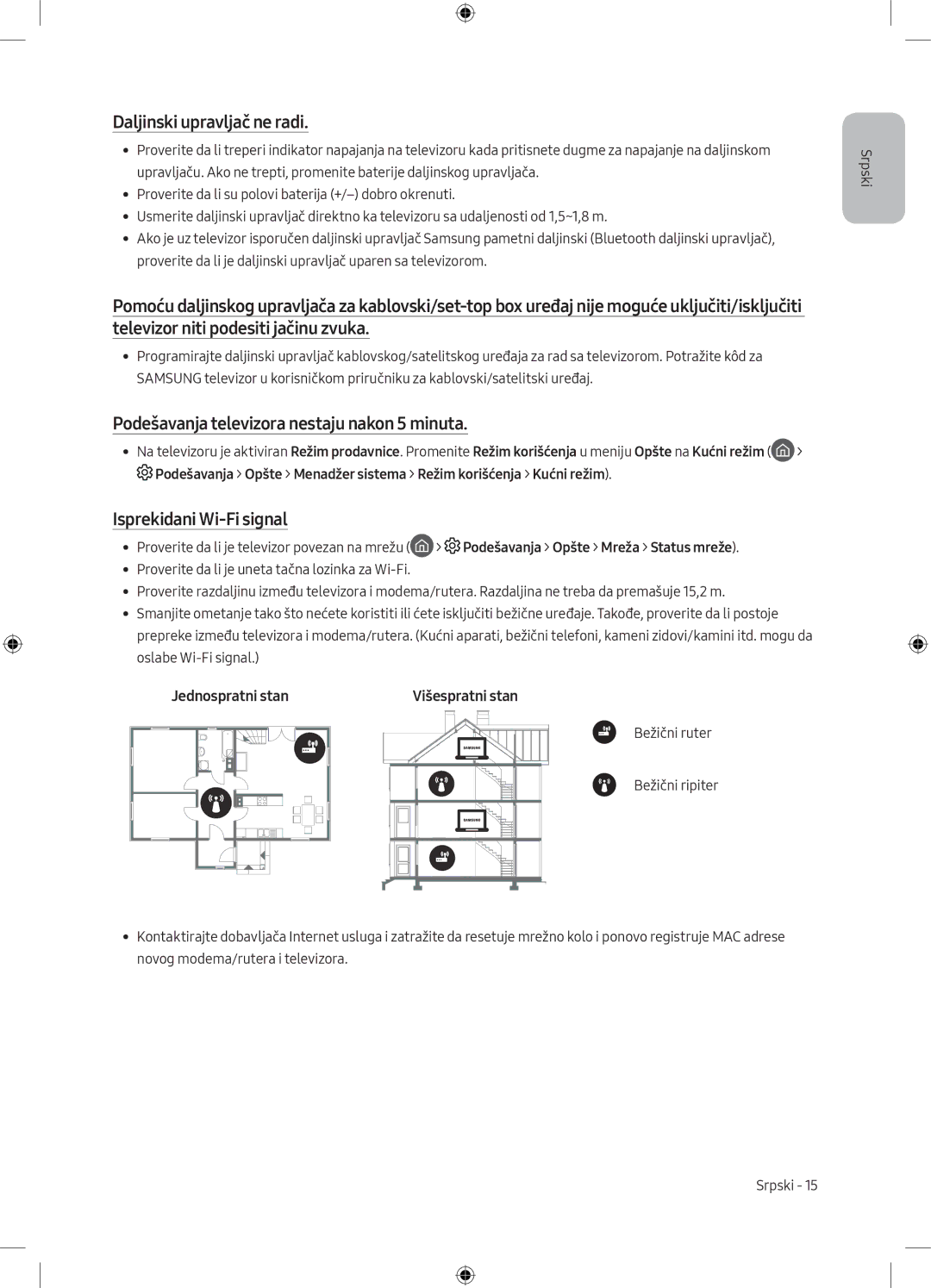 Samsung UE75MU6102KXXH, UE40MU6102KXXH manual Podešavanja televizora nestaju nakon 5 minuta, Isprekidani Wi-Fi signal 