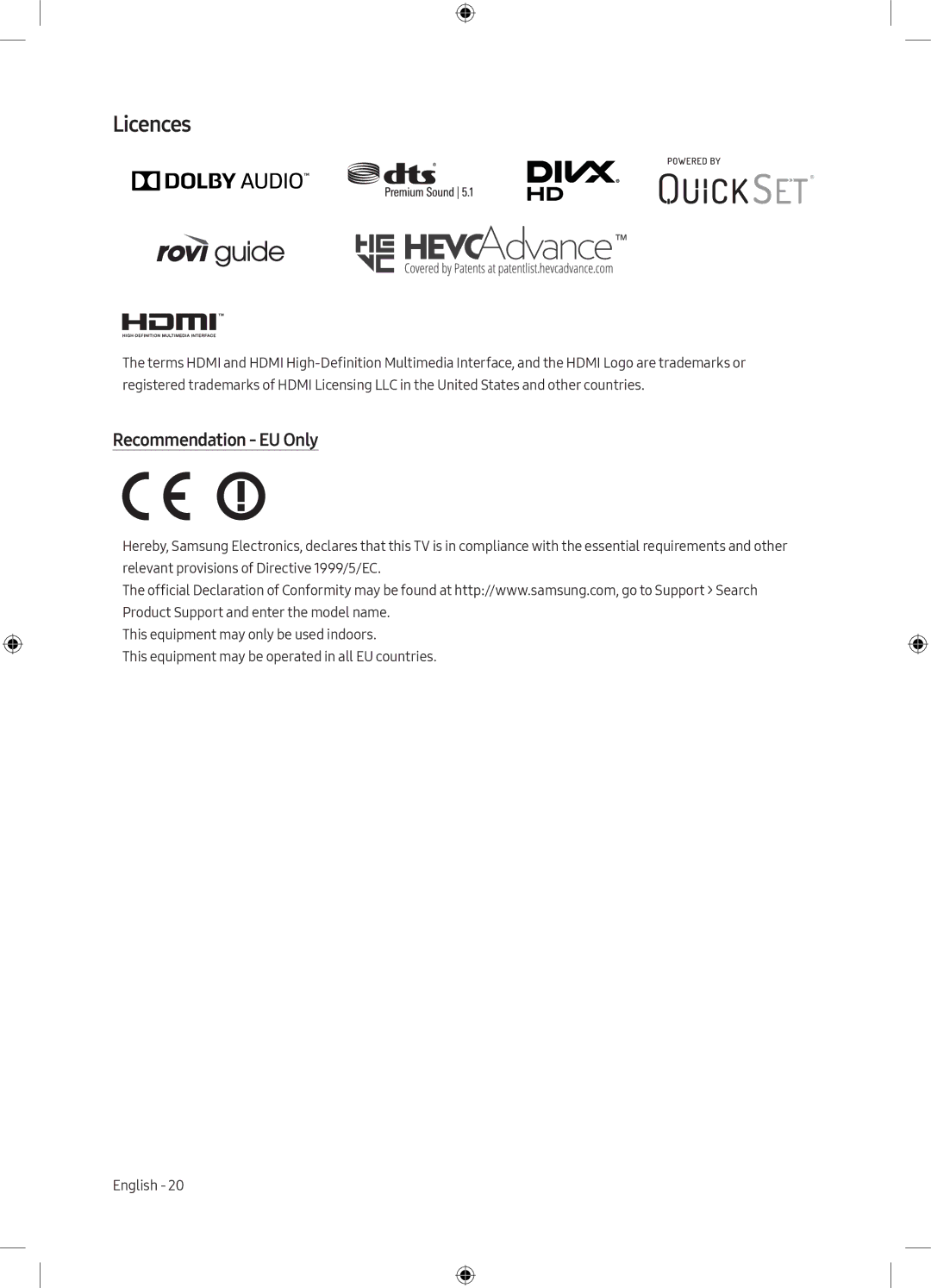 Samsung UE43MU6102KXXH, UE40MU6102KXXH, UE50MU6172UXXH, UE55MU6172UXXH, UE50MU6102KXXH manual Licences, Recommendation EU Only 