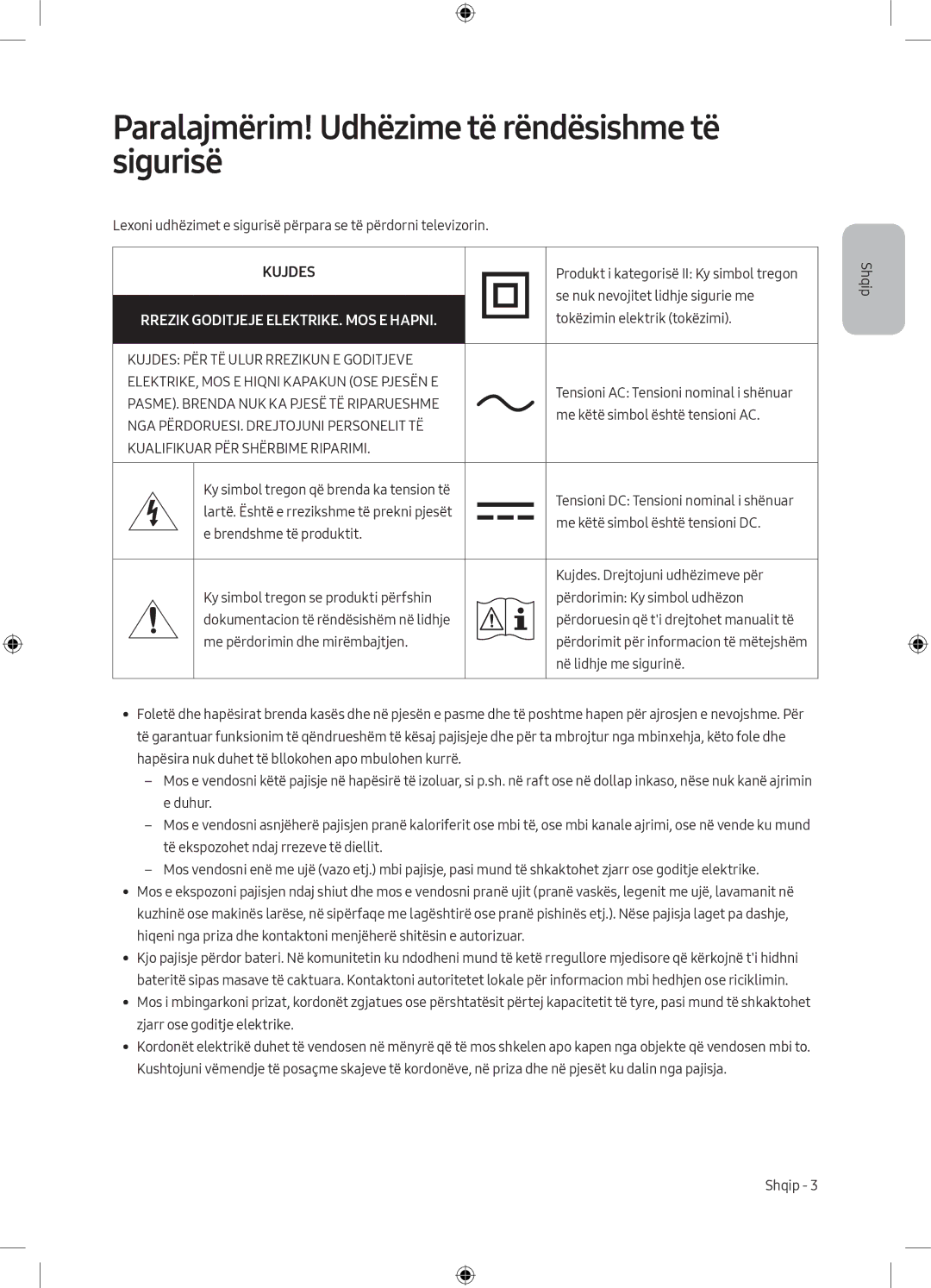 Samsung UE43MU6172UXXH, UE40MU6102KXXH, UE50MU6172UXXH manual Paralajmërim! Udhëzime të rëndësishme të sigurisë, Kujdes 