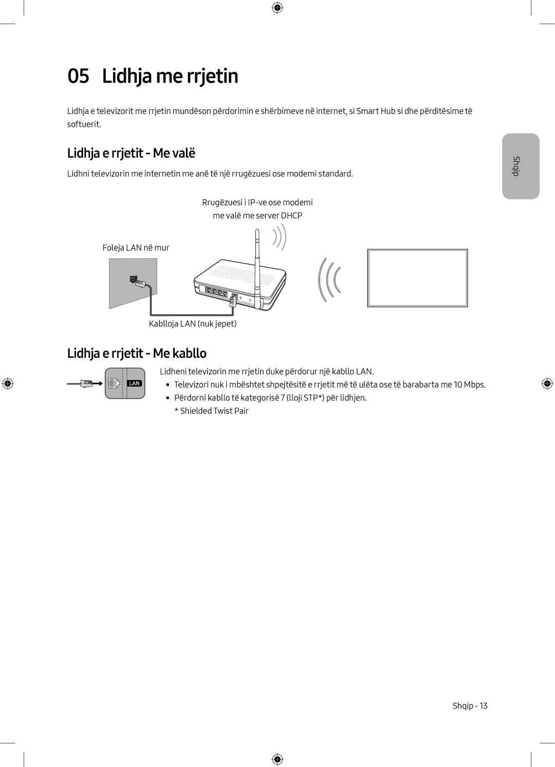 Samsung UE50MU6102KXXH, UE40MU6102KXXH manual Lidhja me rrjetin, Lidhja e rrjetit Me valë, Lidhja e rrjetit Me kabllo 