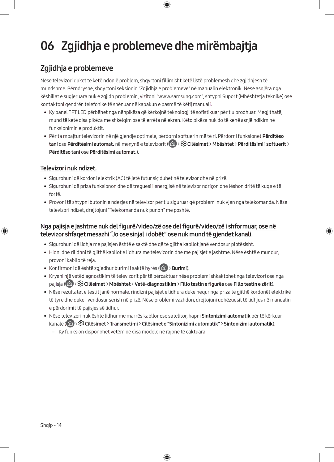 Samsung UE55MU6102KXXH, UE40MU6102KXXH, UE50MU6172UXXH manual Zgjidhja e problemeve dhe mirëmbajtja, Televizori nuk ndizet 