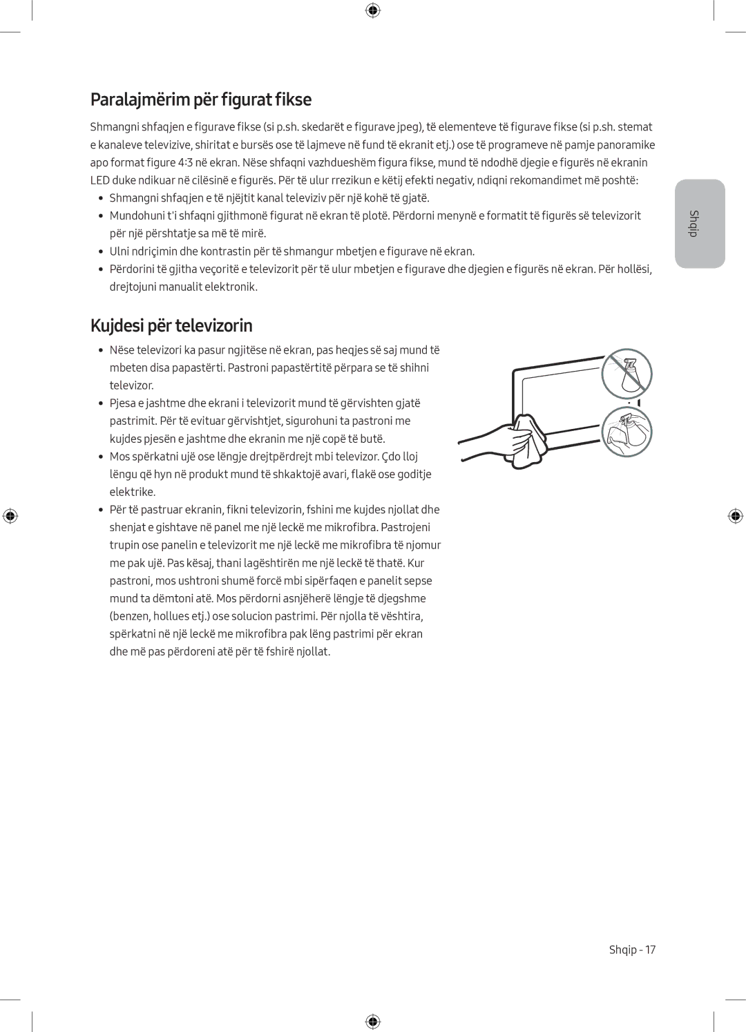 Samsung UE43MU6172UXXH, UE40MU6102KXXH, UE50MU6172UXXH manual Paralajmërim për figurat fikse, Kujdesi për televizorin 