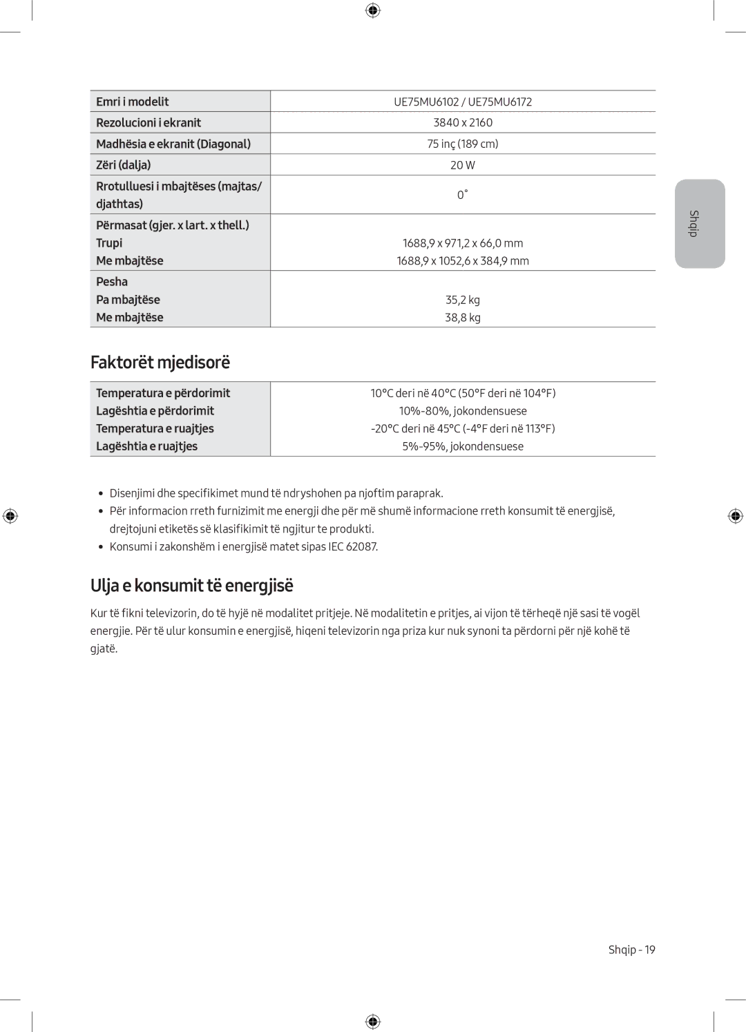 Samsung UE65MU6172UXXH, UE40MU6102KXXH, UE50MU6172UXXH, UE55MU6172UXXH manual Faktorët mjedisorë, Ulja e konsumit të energjisë 