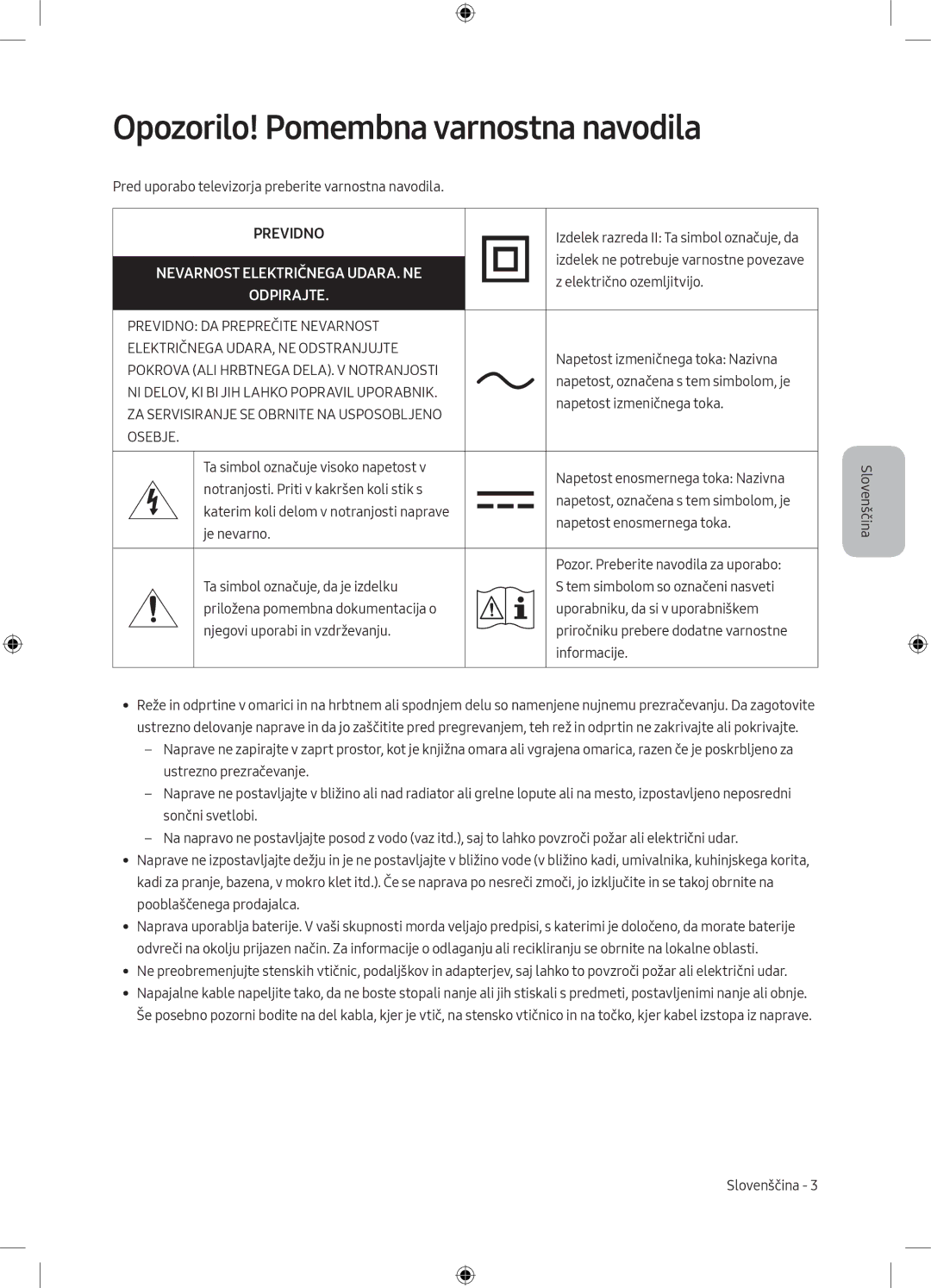 Samsung UE49MU6102KXXH, UE40MU6102KXXH manual Opozorilo! Pomembna varnostna navodila, Nevarnost Električnega UDARA. NE 