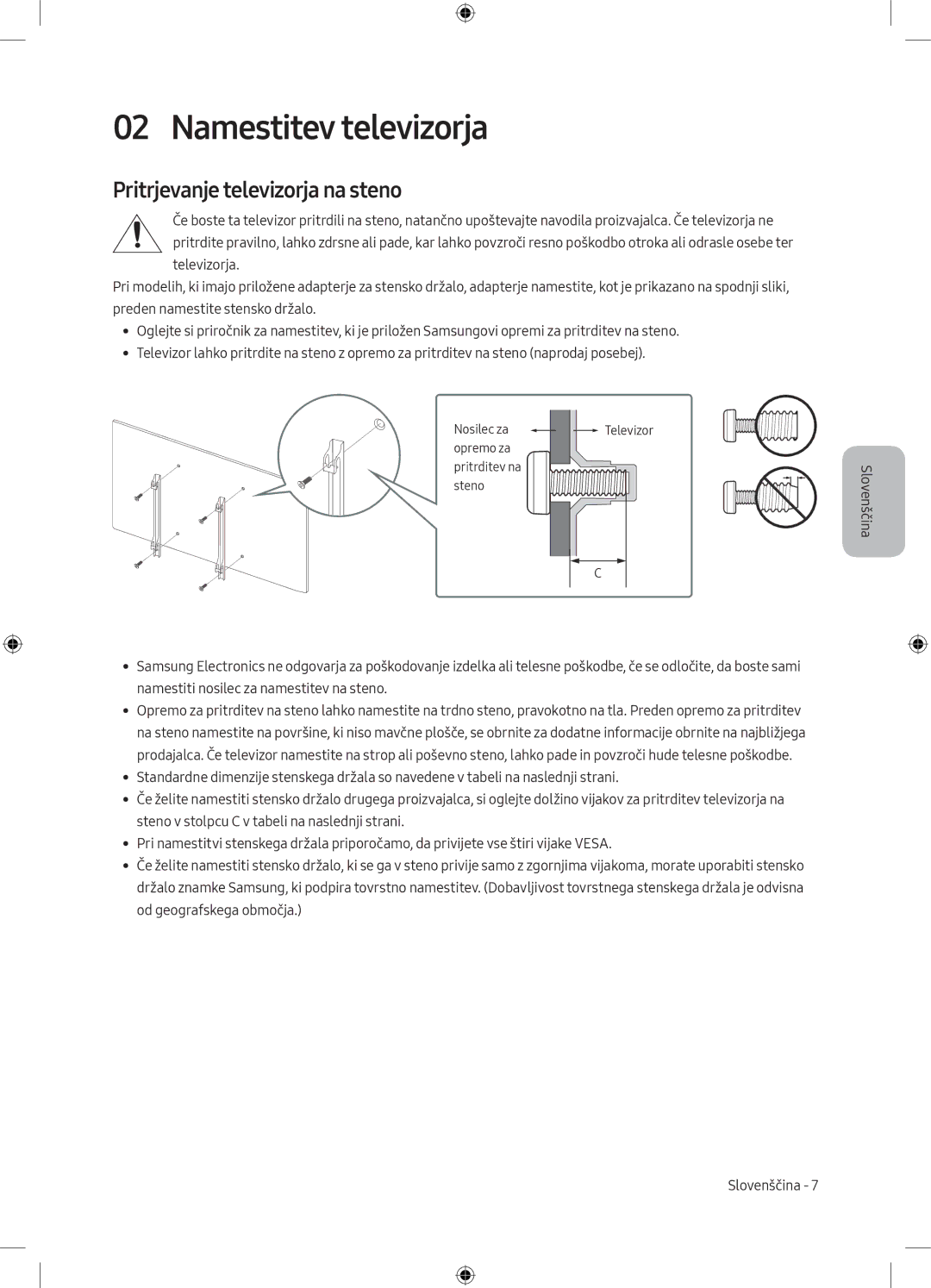 Samsung UE65MU6172UXXH, UE40MU6102KXXH, UE50MU6172UXXH manual Namestitev televizorja, Pritrjevanje televizorja na steno 