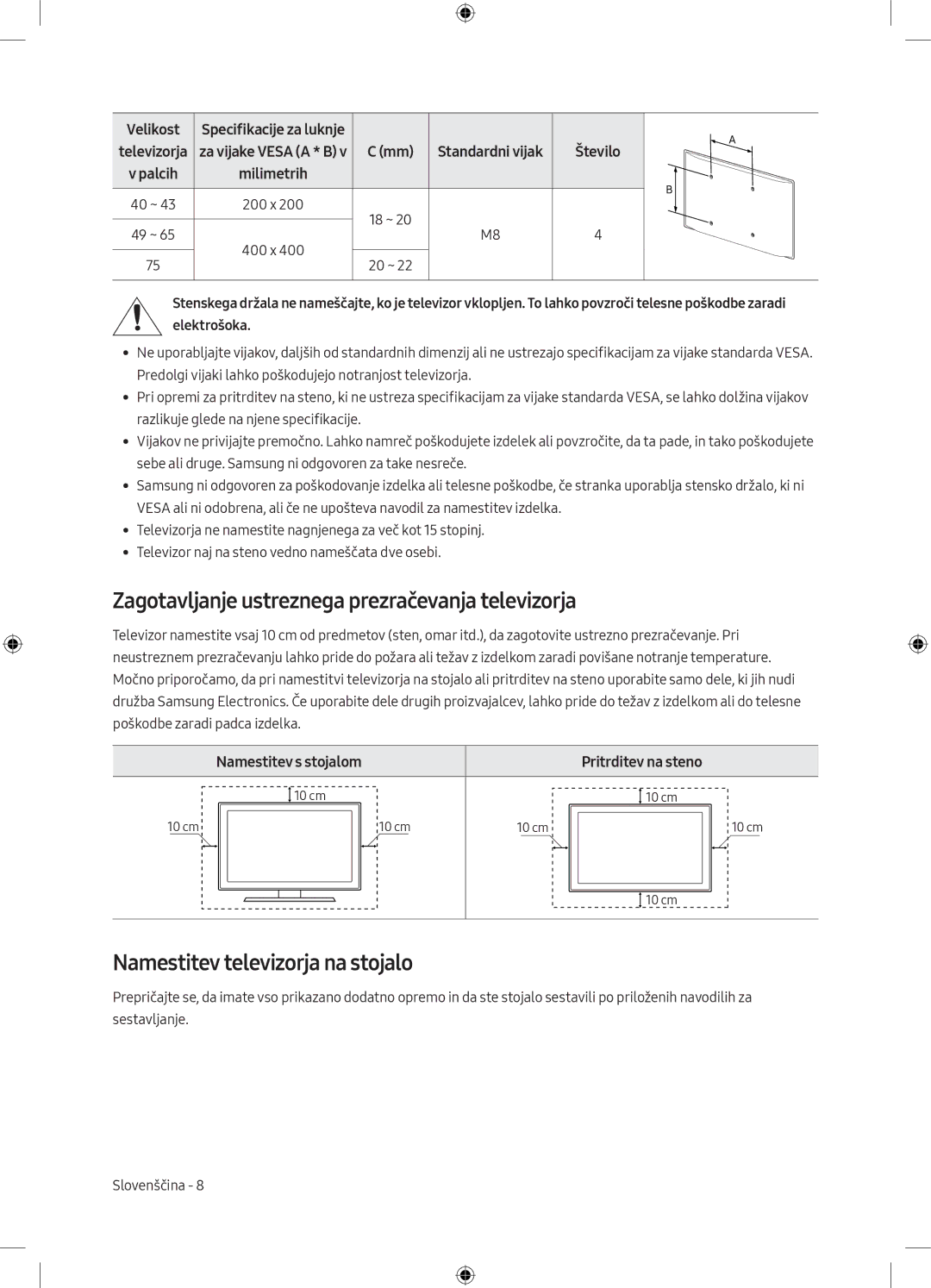 Samsung UE40MU6172UXXH manual Zagotavljanje ustreznega prezračevanja televizorja, Namestitev televizorja na stojalo 