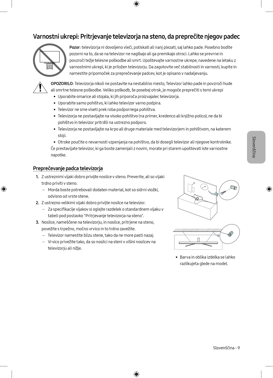 Samsung UE49MU6172UXXH, UE40MU6102KXXH, UE50MU6172UXXH, UE55MU6172UXXH, UE50MU6102KXXH manual Preprečevanje padca televizorja 