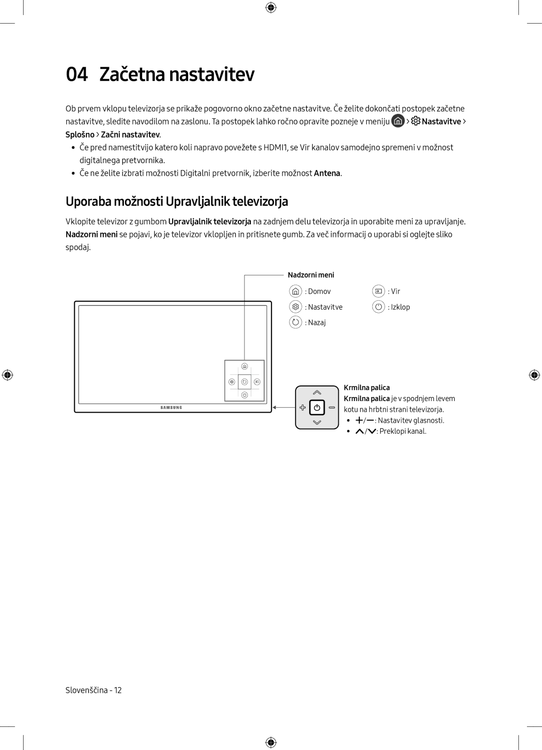 Samsung UE40MU6102KXXH 04 Začetna nastavitev, Uporaba možnosti Upravljalnik televizorja, Nadzorni meni, Krmilna palica 