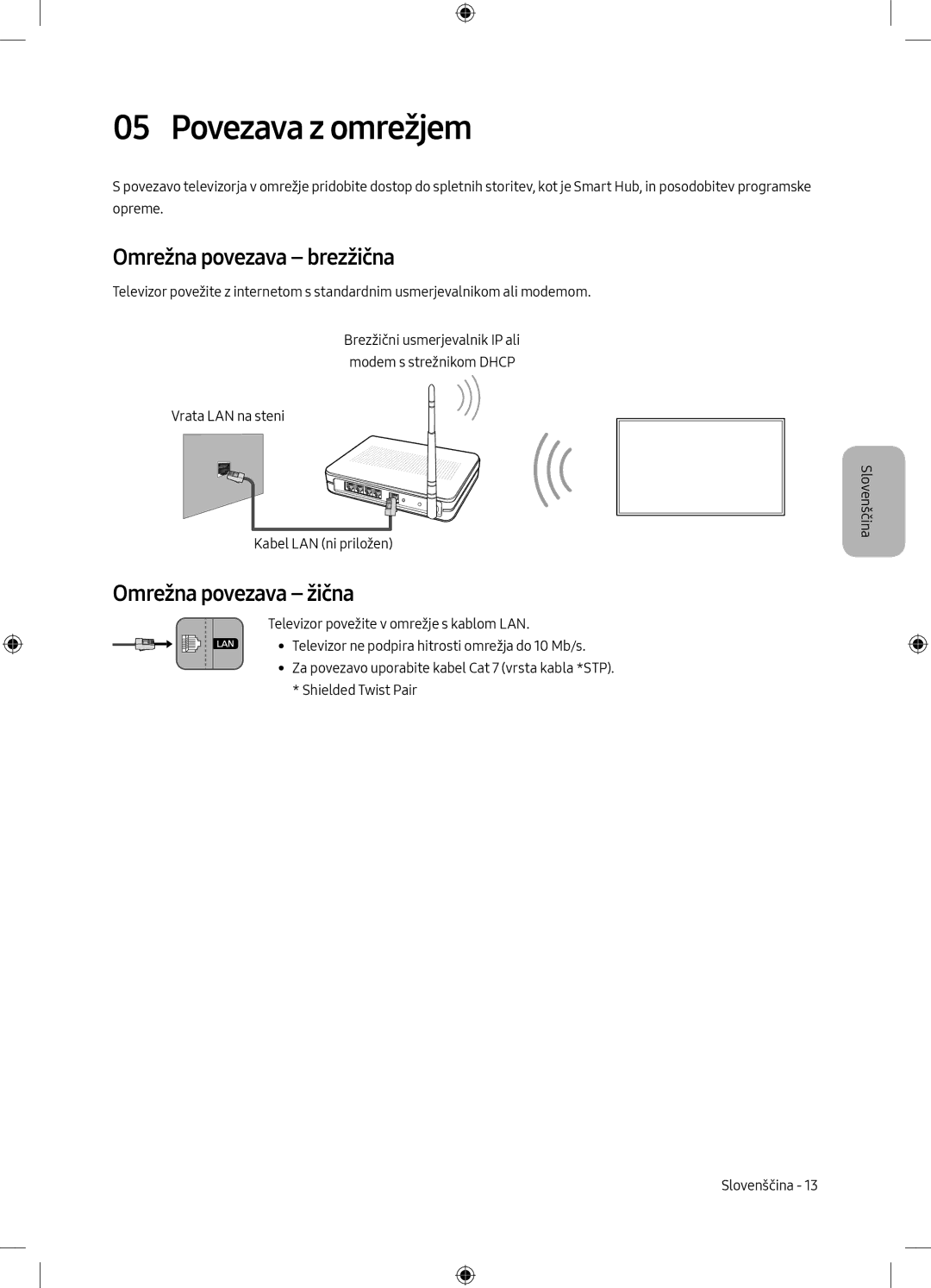 Samsung UE50MU6172UXXH, UE40MU6102KXXH manual Povezava z omrežjem, Omrežna povezava brezžična, Omrežna povezava žična 