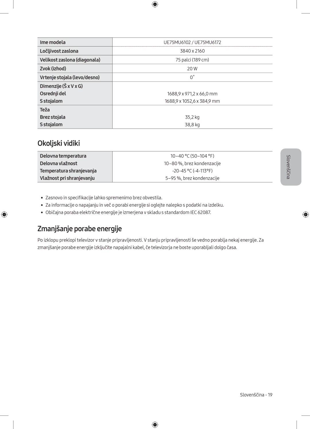 Samsung UE43MU6172UXXH, UE40MU6102KXXH, UE50MU6172UXXH, UE55MU6172UXXH manual Okoljski vidiki, Zmanjšanje porabe energije 