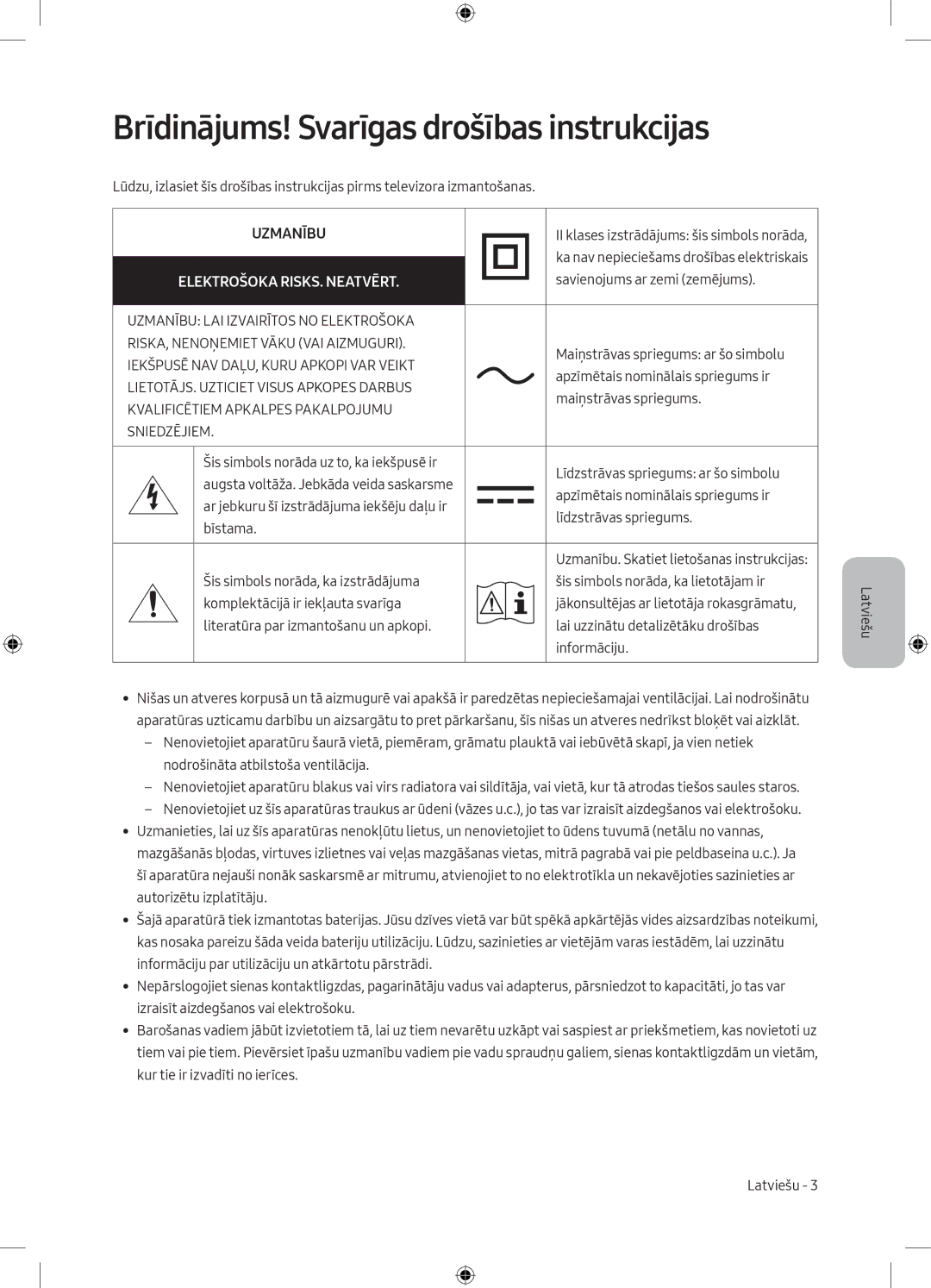 Samsung UE49MU6172UXXH, UE40MU6102KXXH manual Brīdinājums! Svarīgas drošības instrukcijas, Elektrošoka RISKS. Neatvērt 