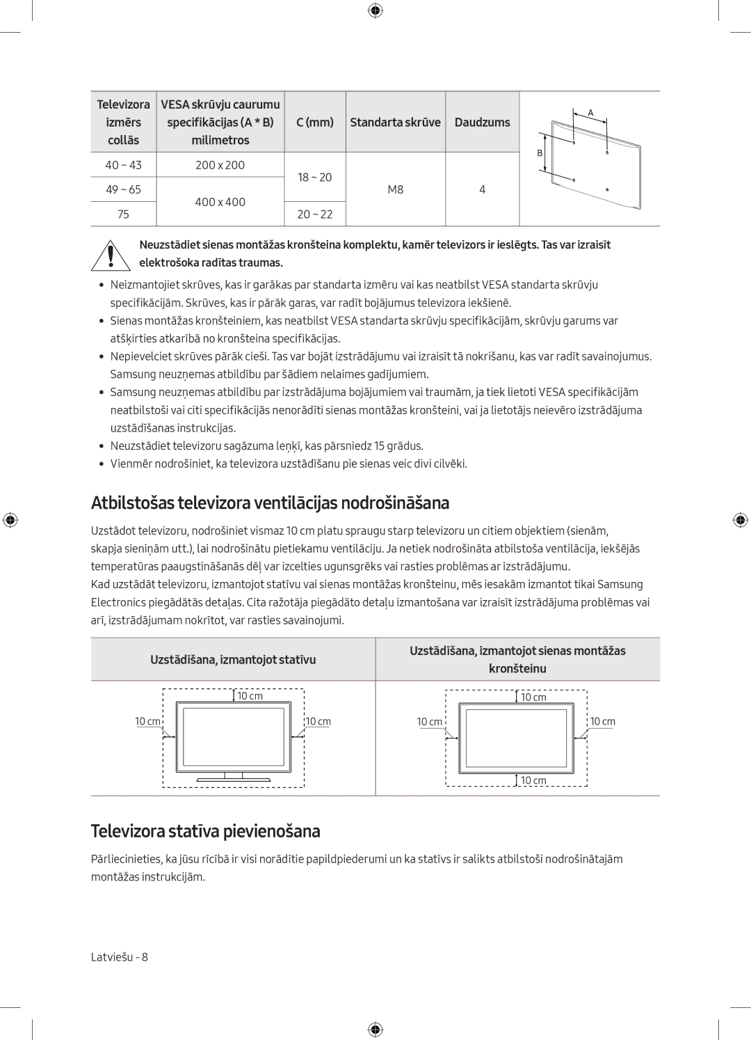 Samsung UE55MU6172UXXH Atbilstošas televizora ventilācijas nodrošināšana, Televizora statīva pievienošana, Kronšteinu 