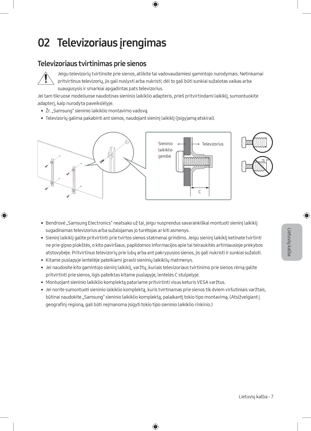 Samsung UE43MU6172UXXH, UE40MU6102KXXH, UE50MU6172UXXH manual Televizoriaus įrengimas, Televizoriaus tvirtinimas prie sienos 