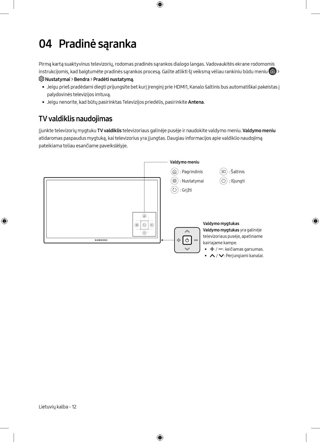 Samsung UE65MU6102KXXH, UE40MU6102KXXH manual Pradinė sąranka, TV valdiklis naudojimas, Valdymo meniu, Valdymo mygtukas 