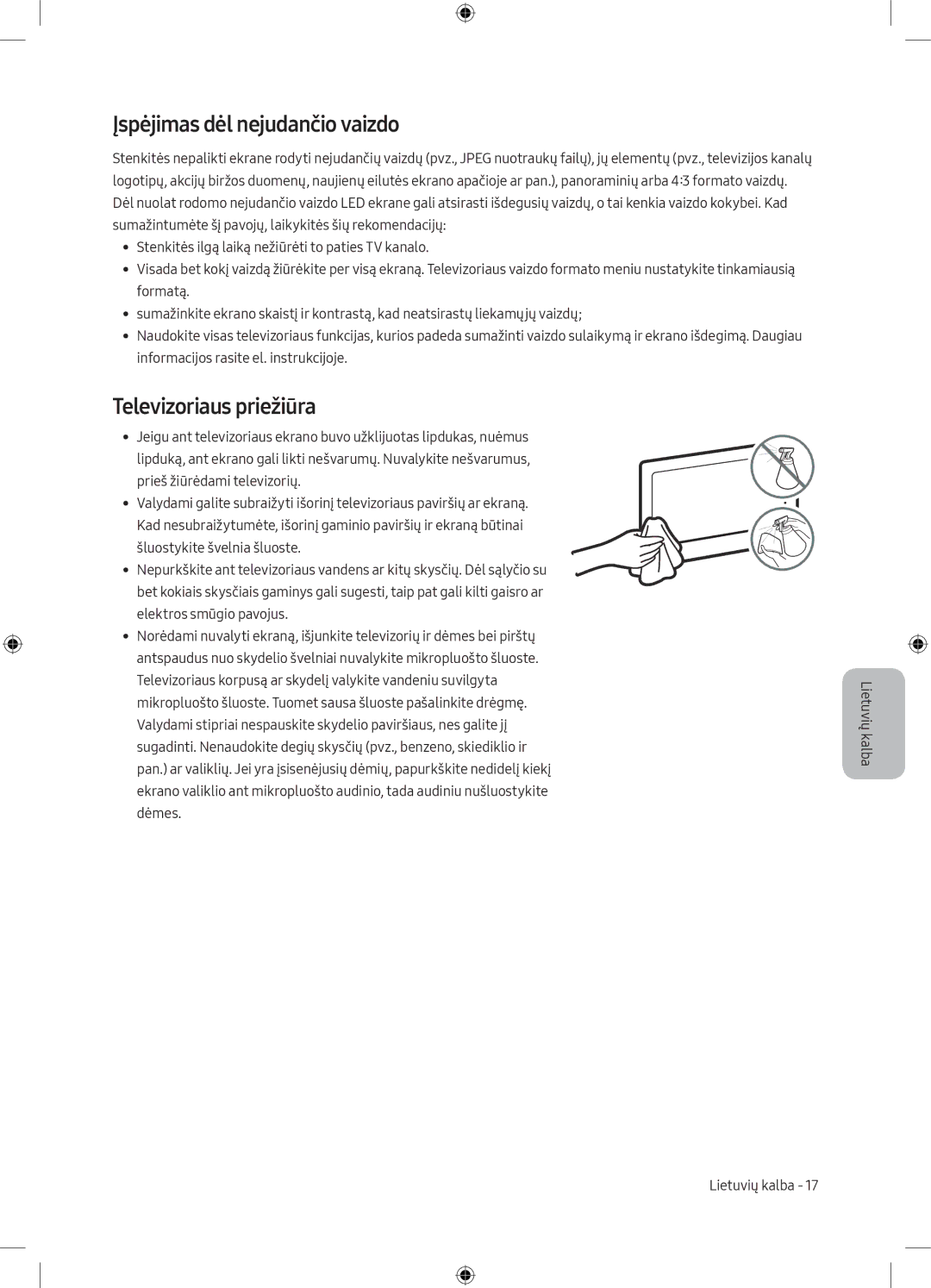 Samsung UE50MU6102KXXH, UE40MU6102KXXH, UE50MU6172UXXH manual Įspėjimas dėl nejudančio vaizdo, Televizoriaus priežiūra 