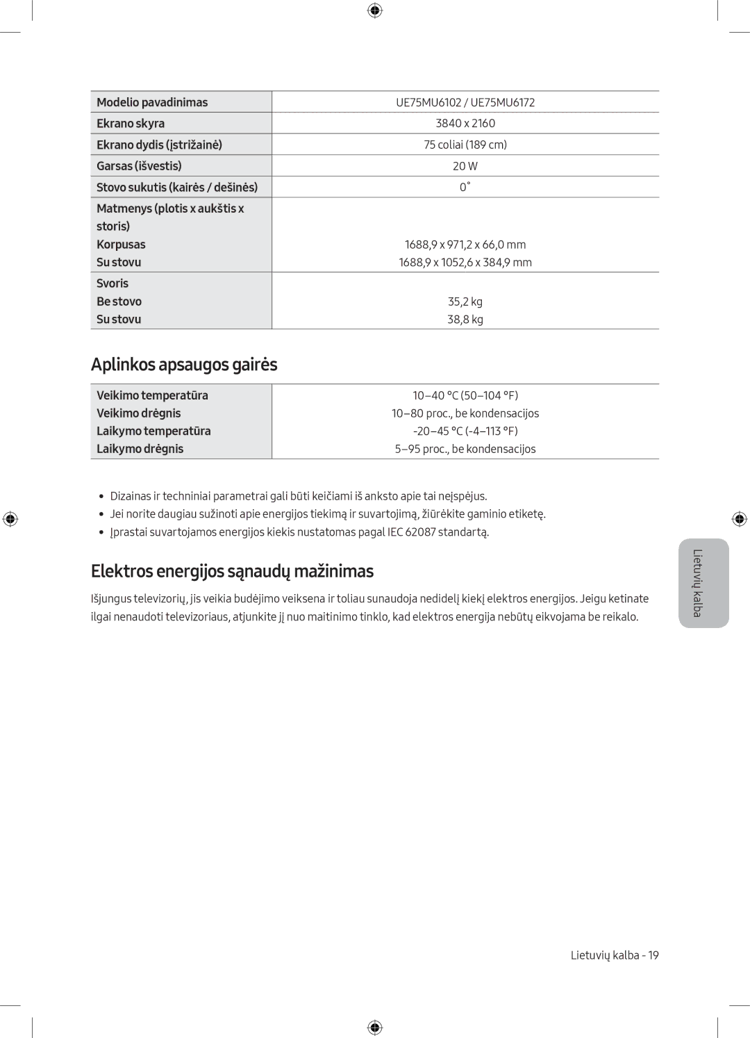 Samsung UE49MU6102KXXH, UE40MU6102KXXH, UE50MU6172UXXH manual Aplinkos apsaugos gairės, Elektros energijos sąnaudų mažinimas 