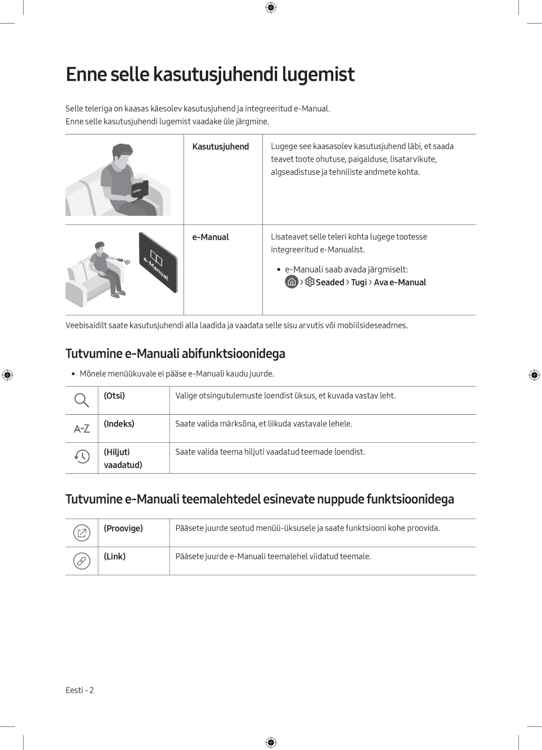 Samsung UE75MU6172UXXH, UE40MU6102KXXH manual Enne selle kasutusjuhendi lugemist, Tutvumine e-Manuali abifunktsioonidega 