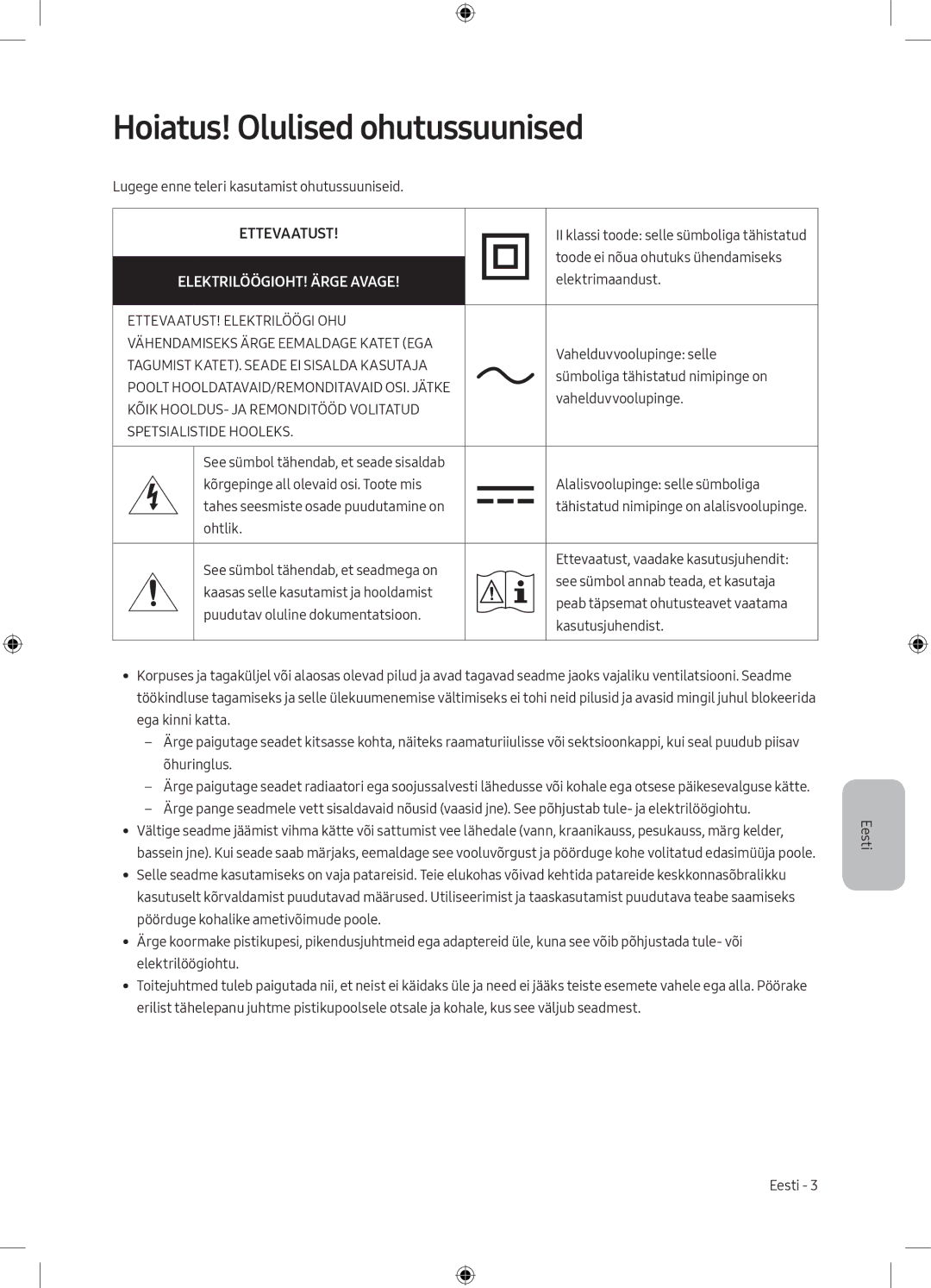 Samsung UE65MU6172UXXH, UE40MU6102KXXH, UE50MU6172UXXH manual Hoiatus! Olulised ohutussuunised, ELEKTRILÖÖGIOHT! Ärge Avage 