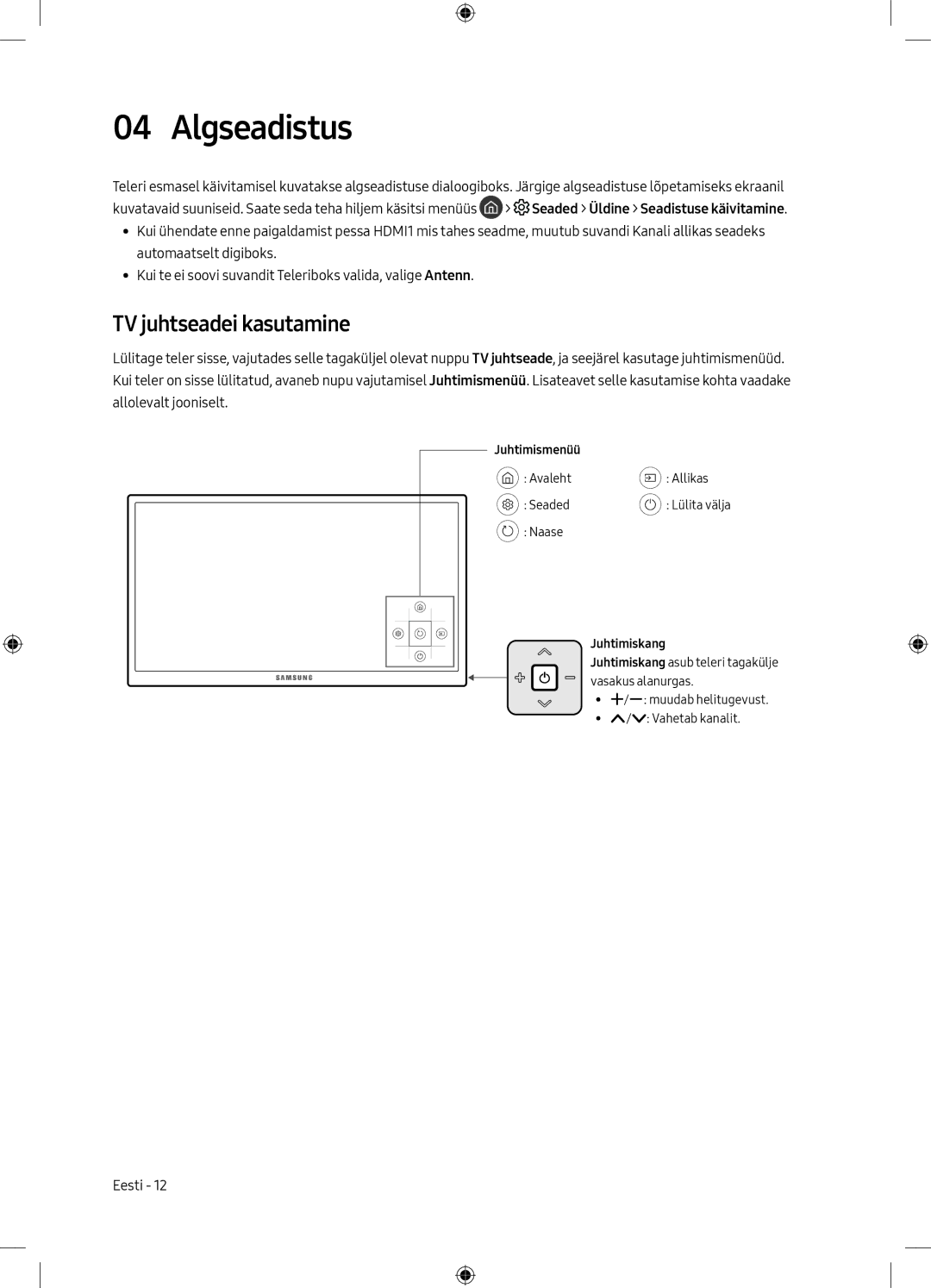 Samsung UE55MU6102KXXH, UE40MU6102KXXH, UE50MU6172UXXH, UE55MU6172UXXH Algseadistus, TV juhtseadei kasutamine, Juhtimismenüü 