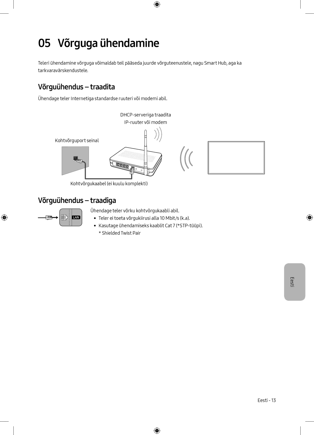 Samsung UE49MU6102KXXH, UE40MU6102KXXH, UE50MU6172UXXH 05 Võrguga ühendamine, Võrguühendus traadita, Võrguühendus traadiga 