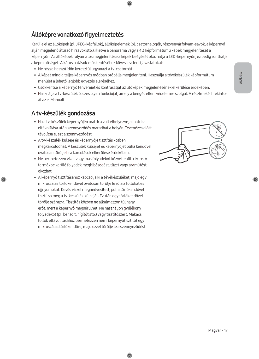 Samsung UE65MU6172UXXH, UE40MU6102KXXH, UE50MU6172UXXH manual Állóképre vonatkozó figyelmeztetés, Tv-készülék gondozása 