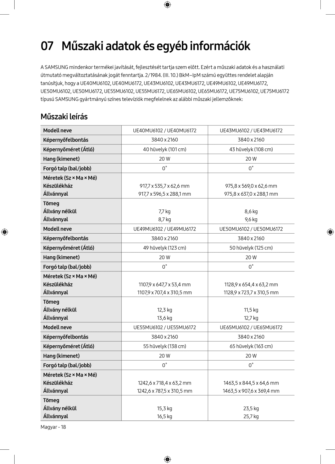 Samsung UE40MU6172UXXH, UE40MU6102KXXH, UE50MU6172UXXH manual 07 Műszaki adatok és egyéb információk, Műszaki leírás 