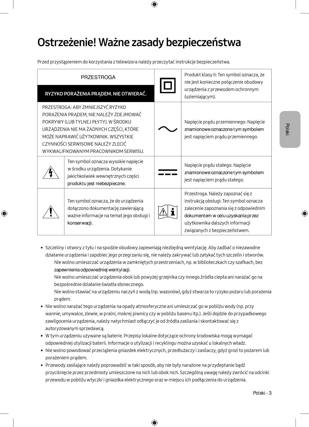 Samsung UE50MU6172UXXH, UE40MU6102KXXH, UE55MU6172UXXH, UE50MU6102KXXH Ostrzeżenie! Ważne zasady bezpieczeństwa, Przestroga 