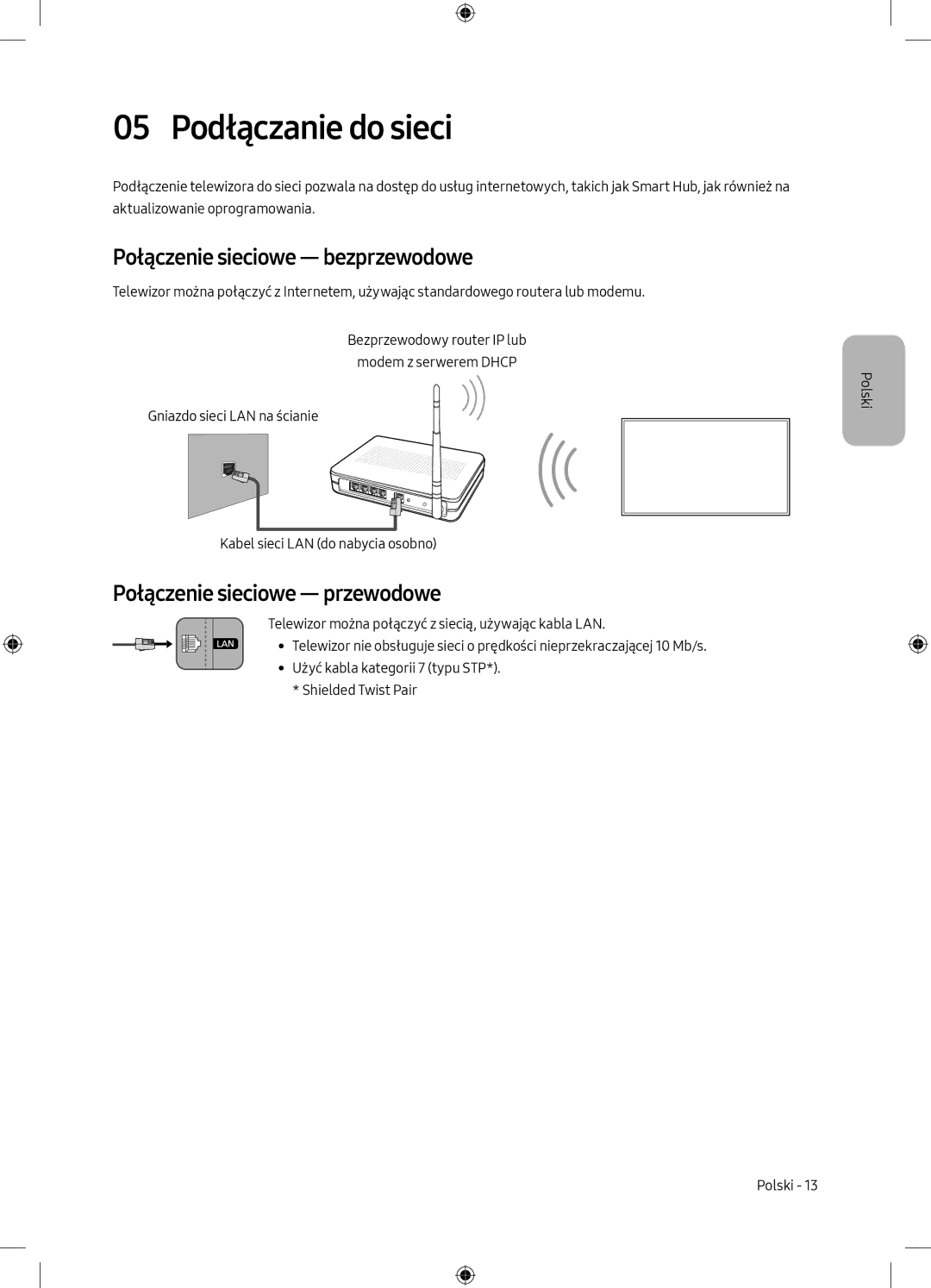 Samsung UE49MU6172UXXH manual 05 Podłączanie do sieci, Połączenie sieciowe bezprzewodowe, Połączenie sieciowe przewodowe 