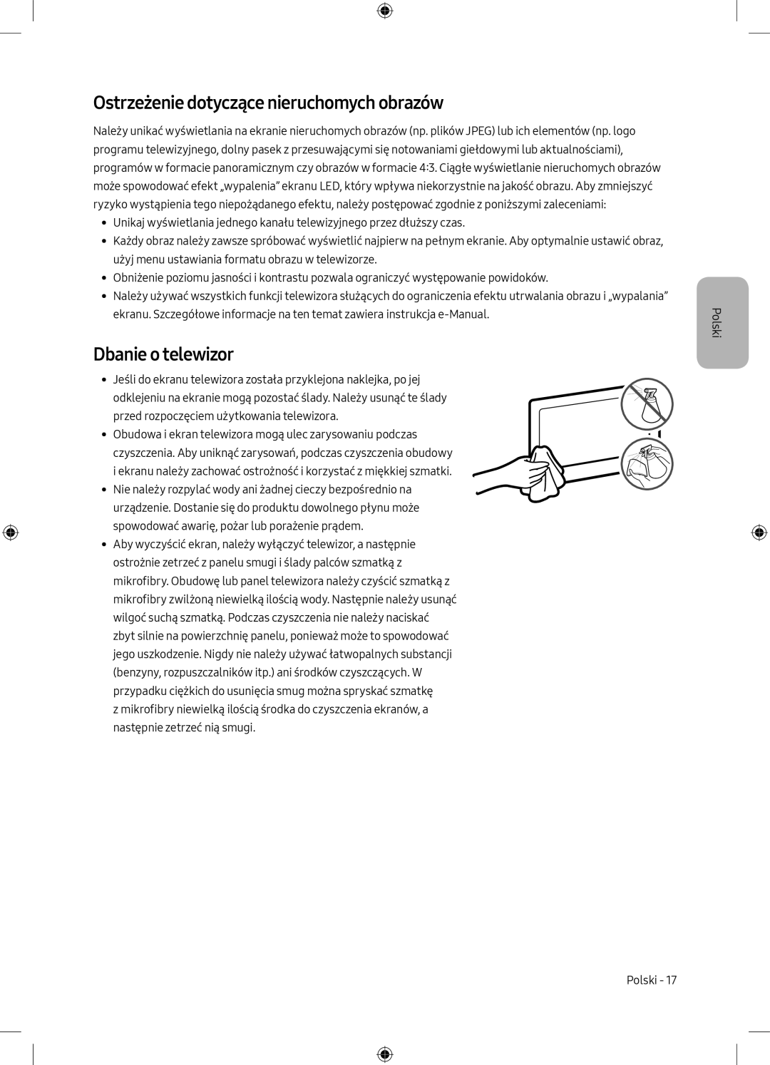 Samsung UE50MU6172UXXH, UE40MU6102KXXH, UE55MU6172UXXH manual Ostrzeżenie dotyczące nieruchomych obrazów, Dbanie o telewizor 