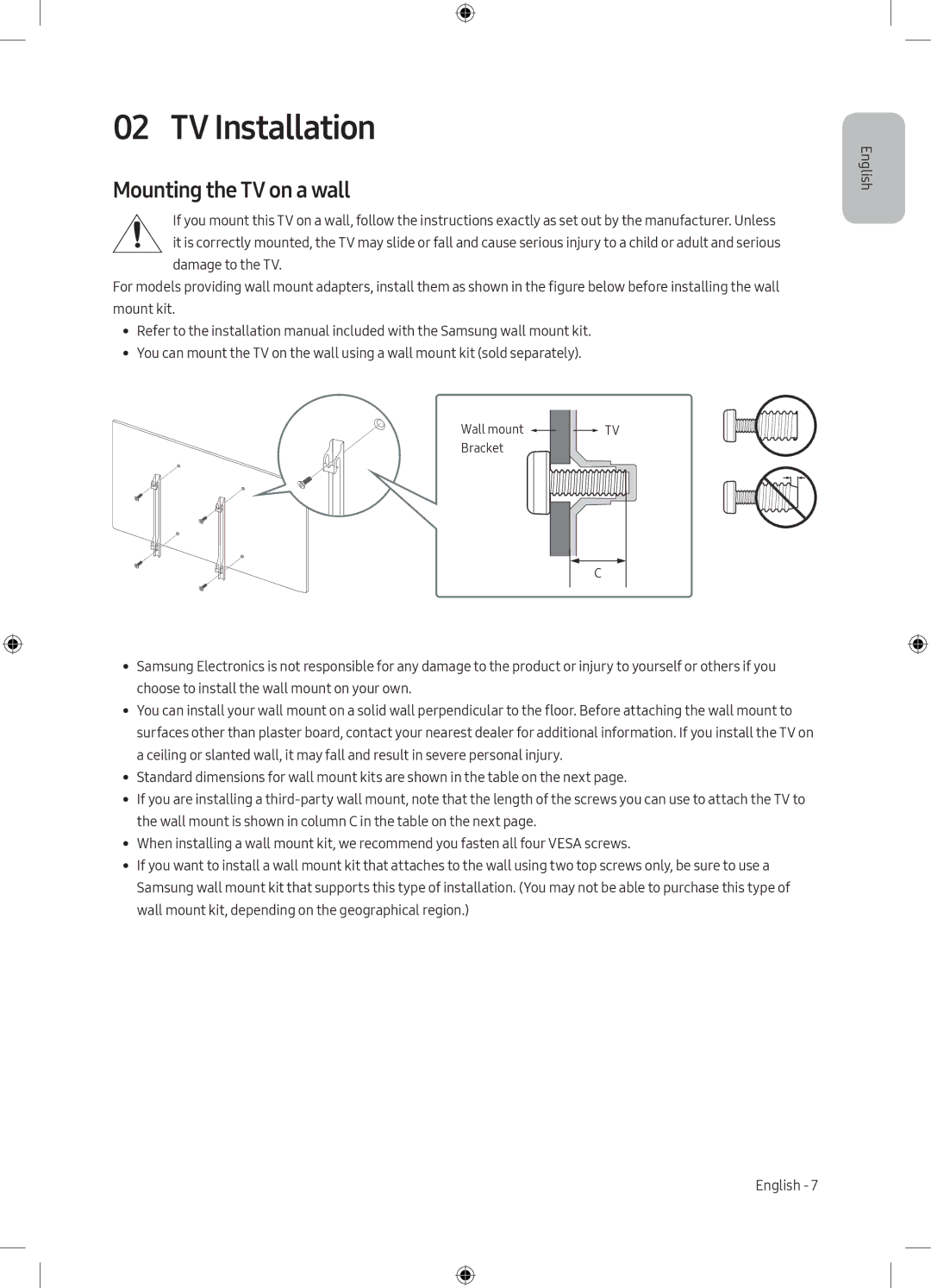 Samsung UE43MU6172UXXH, UE40MU6102KXXH, UE50MU6172UXXH, UE55MU6172UXXH manual TV Installation, Mounting the TV on a wall 