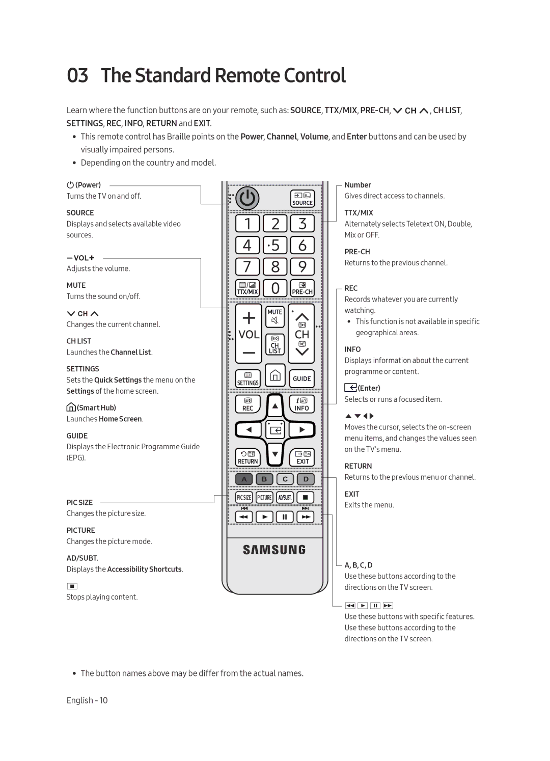 Samsung UE58MU6120WXXN, UE40MU6120WXXN, UE49MU6120WXXN, UE43MU6120WXXN, UE55MU6120WXXN manual Standard Remote Control, Settings 