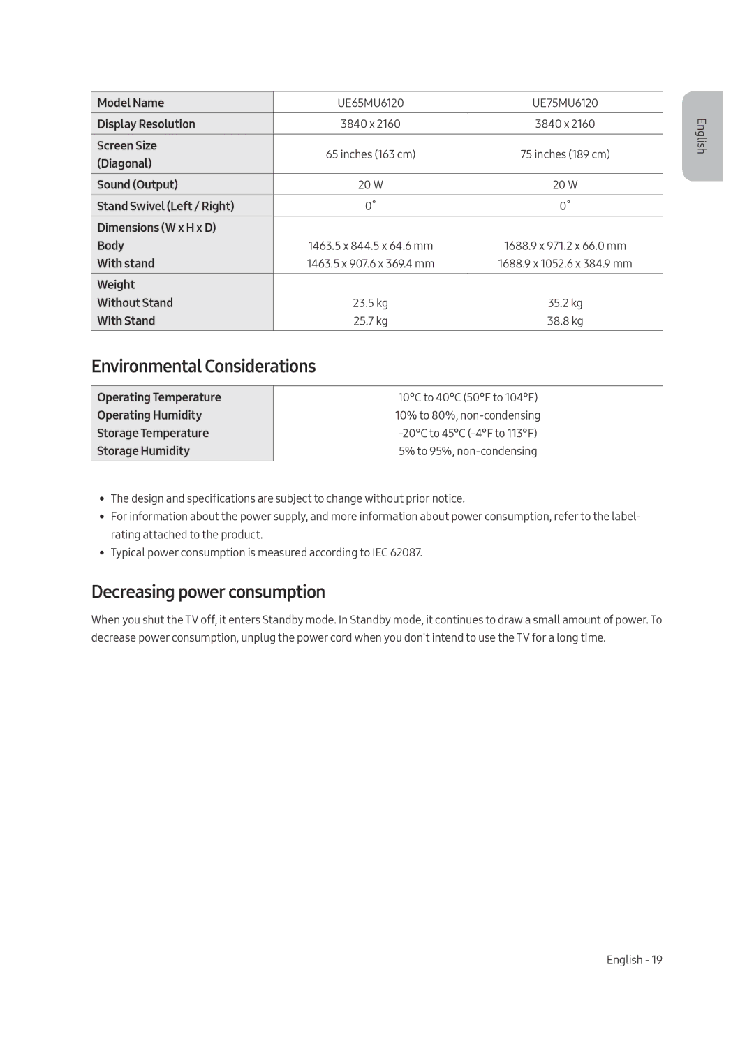 Samsung UE65MU6120WXXN, UE40MU6120WXXN, UE49MU6120WXXN manual Environmental Considerations, Decreasing power consumption 