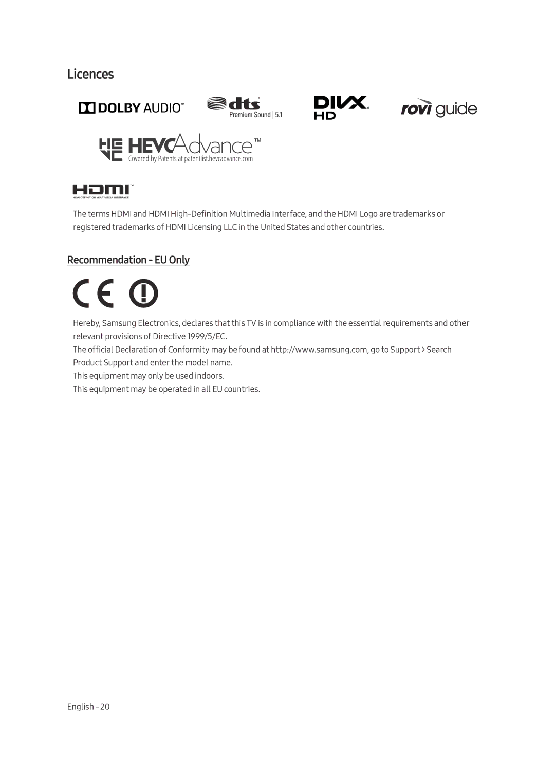 Samsung UE75MU6120WXXN, UE40MU6120WXXN, UE49MU6120WXXN, UE43MU6120WXXN, UE58MU6120WXXN manual Licences, Recommendation EU Only 