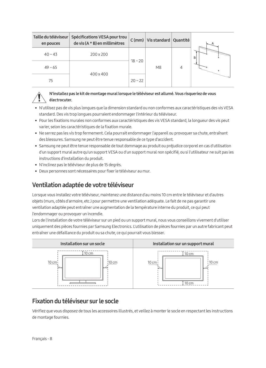 Samsung UE40MU6120WXXN, UE49MU6120WXXN manual Ventilation adaptée de votre téléviseur, Fixation du téléviseur sur le socle 