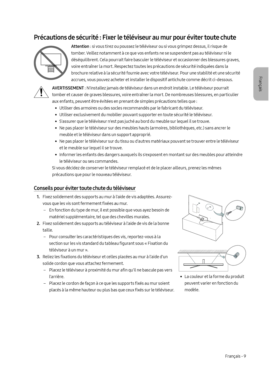 Samsung UE49MU6120WXXN, UE40MU6120WXXN, UE43MU6120WXXN, UE58MU6120WXXN manual Conseils pour éviter toute chute du téléviseur 