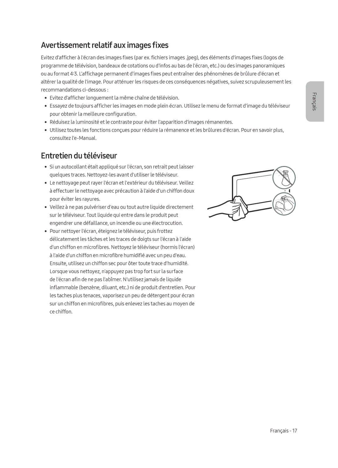 Samsung UE43MU6120WXXN, UE40MU6120WXXN, UE49MU6120WXXN manual Avertissement relatif aux images fixes, Entretien du téléviseur 