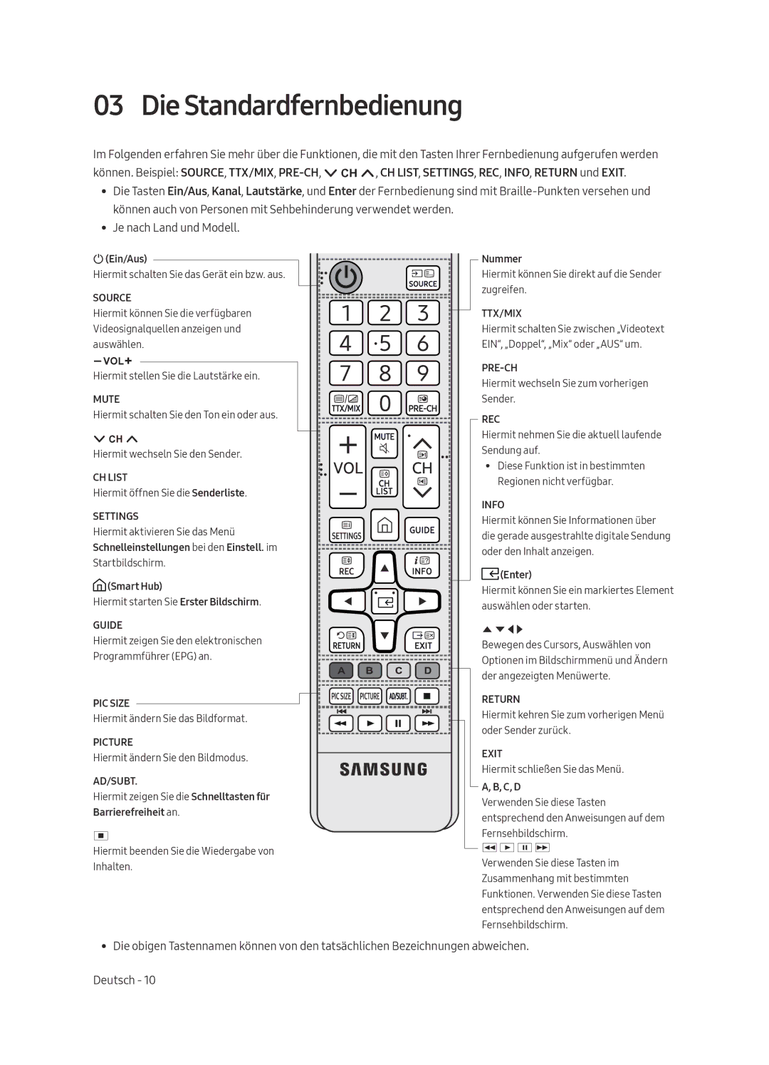 Samsung UE49MU6120WXXN, UE40MU6120WXXN, UE43MU6120WXXN, UE58MU6120WXXN, UE55MU6120WXXN manual Die Standardfernbedienung 