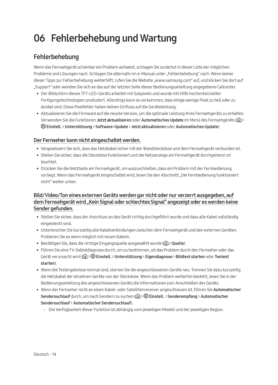 Samsung UE65MU6120WXXN, UE40MU6120WXXN manual Fehlerbehebung und Wartung, Der Fernseher kann nicht eingeschaltet werden 