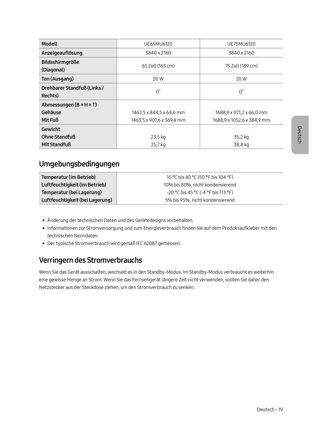 Samsung UE58MU6120WXXN, UE40MU6120WXXN manual Umgebungsbedingungen, Verringern des Stromverbrauchs, Temperatur im Betrieb 