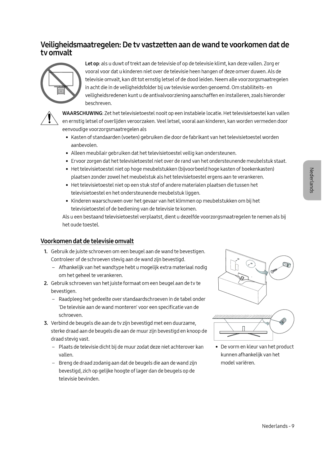 Samsung UE75MU6120WXXN, UE40MU6120WXXN, UE49MU6120WXXN, UE43MU6120WXXN, UE58MU6120WXXN manual Voorkomen dat de televisie omvalt 