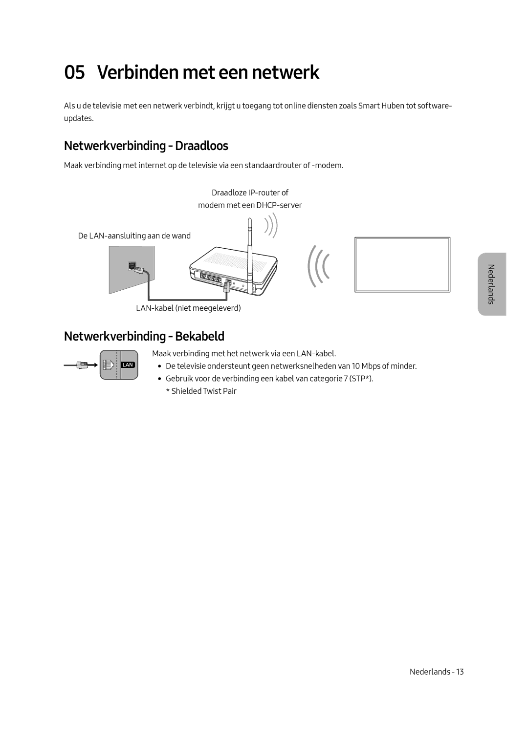 Samsung UE58MU6120WXXN, UE40MU6120WXXN Verbinden met een netwerk, Netwerkverbinding Draadloos, Netwerkverbinding Bekabeld 