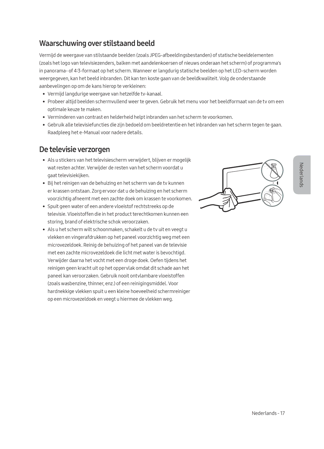 Samsung UE40MU6120WXXN, UE49MU6120WXXN, UE43MU6120WXXN manual Waarschuwing over stilstaand beeld, De televisie verzorgen 