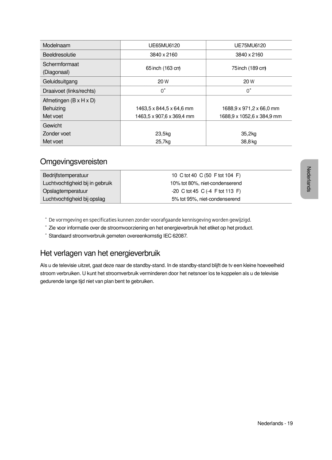 Samsung UE43MU6120WXXN Omgevingsvereisten, Het verlagen van het energieverbruik, Bedrijfstemperatuur, Opslagtemperatuur 