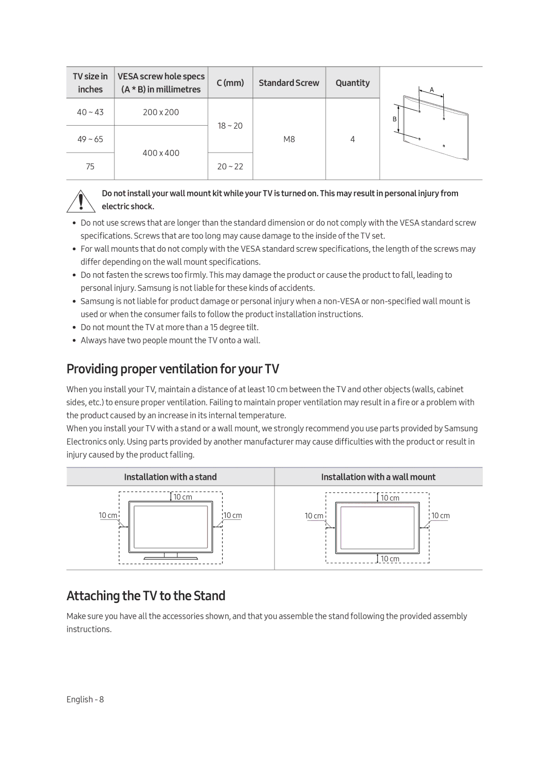 Samsung UE49MU6120WXXN, UE40MU6120WXXN manual Providing proper ventilation for your TV, Attaching the TV to the Stand 