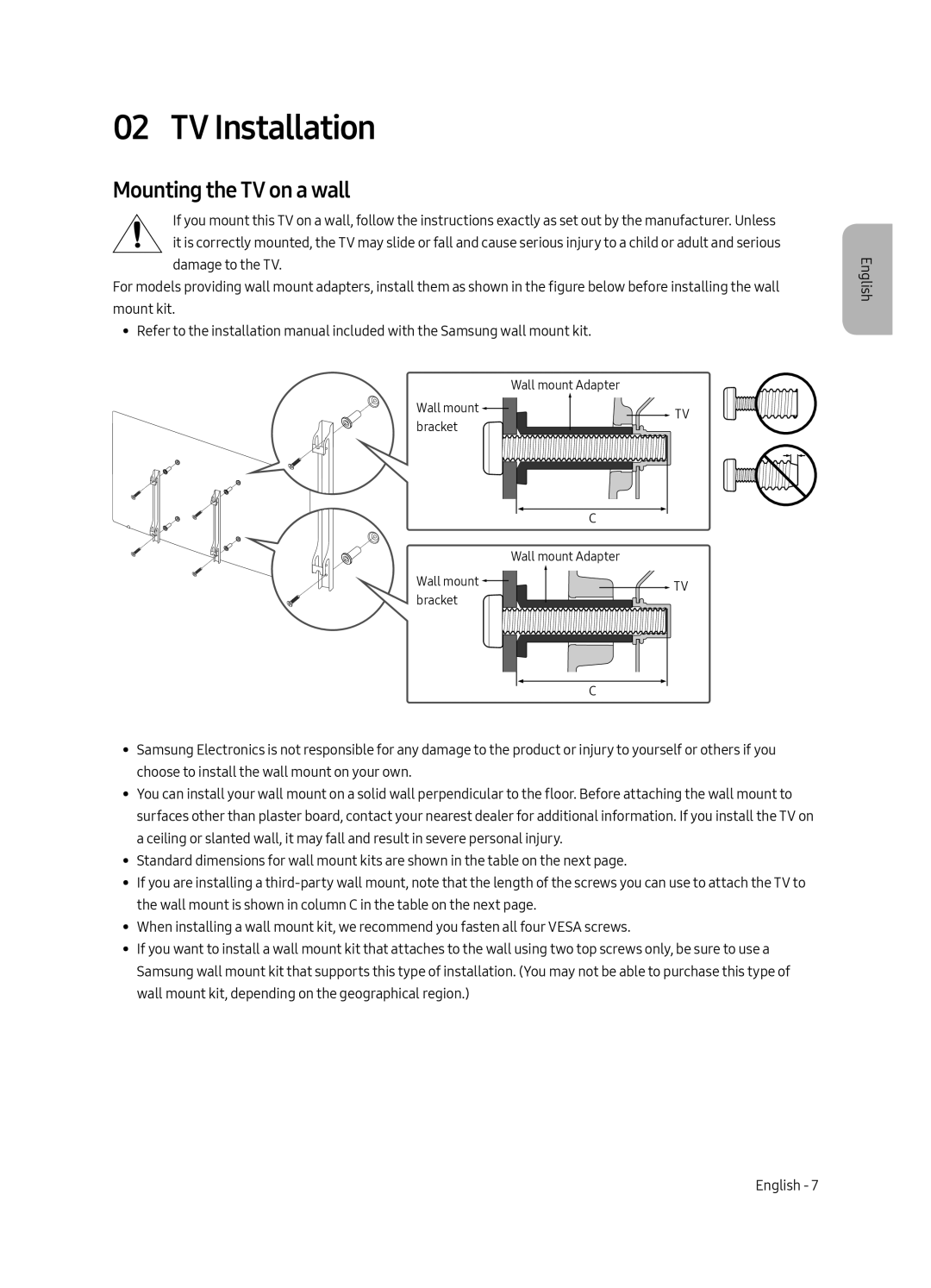 Samsung UE49MU6400UXRU, UE40MU6400UXRU, UE55MU6400UXRU, UE65MU6400UXRU manual TV Installation, Mounting the TV on a wall 